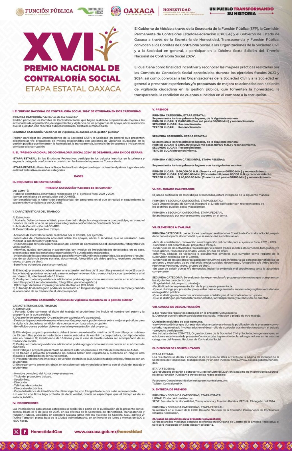 Invitan a participar en la XVI edición del Premio Nacional de Contraloría Social 2024 en su etapa estatal