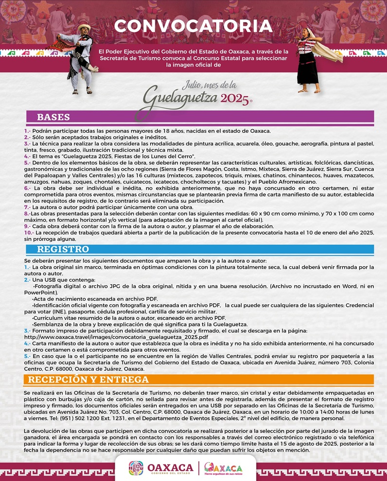 1.Quedan 11 días para registrar para la propuesta de la imagen oficial de Julio mes de la Guelaguetza