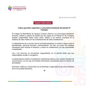 TARJETA INFORMATIVA 28 ENE- Cobao garantiza seguridad a comunidad estudiantil del plantel 07 Tuxtepec