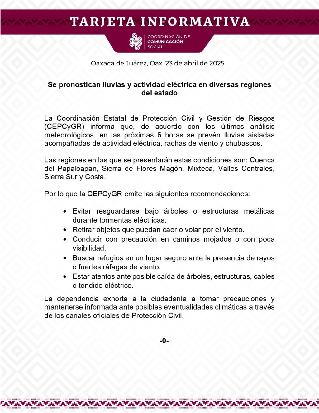 TI- 23 ABRIL- Se pronostican lluvias y actividad eléctrica en diversas regiones del estado