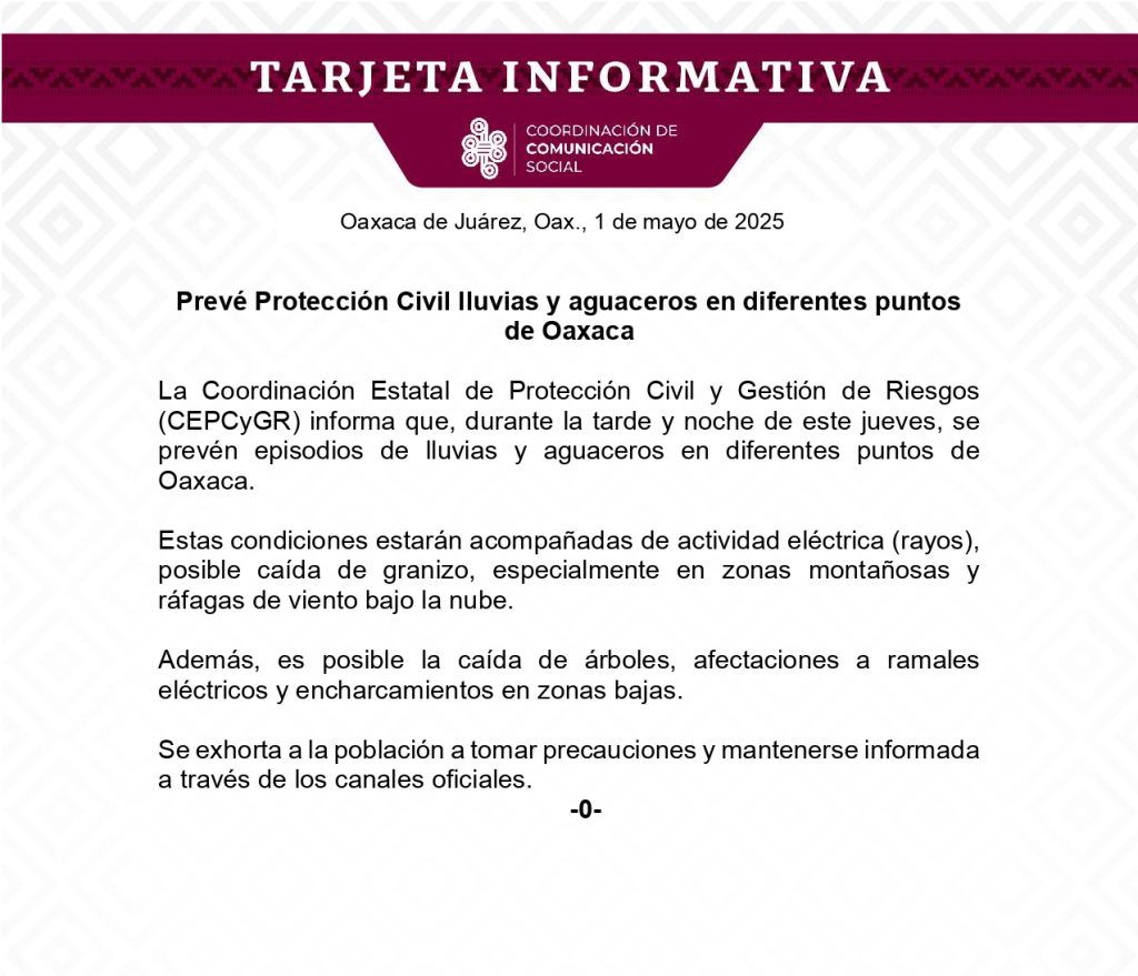 TI 1 MAY-Prevé Protección Civil lluvias y aguaceros en diferentes puntos de Oaxaca