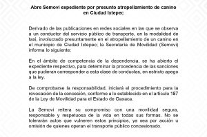 TI 19 MYO-Abre Semovi expediente por presunto atropellamiento de canino en Ciudad Ixtepec