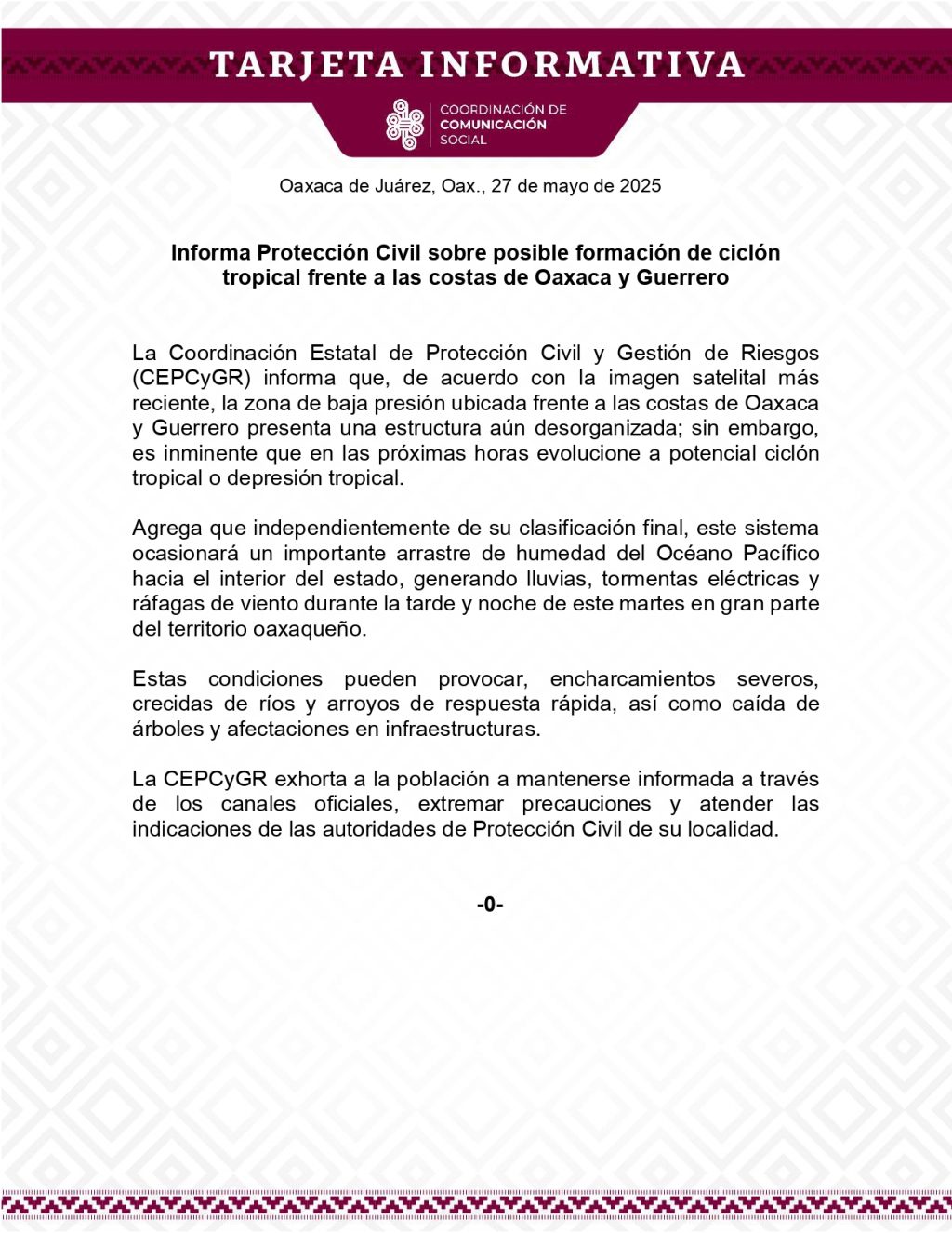 TI 27 MAY-Informa Protección Civil sobre posible formación de ciclón tropical frente a las costas de Oaxaca y Guerrero_page-0001