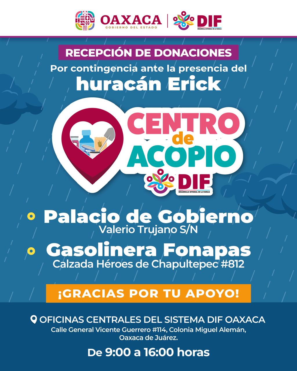 Habilita DIF Oaxaca centros de acopio en favor de familias afectadas por el huracán Erick 1