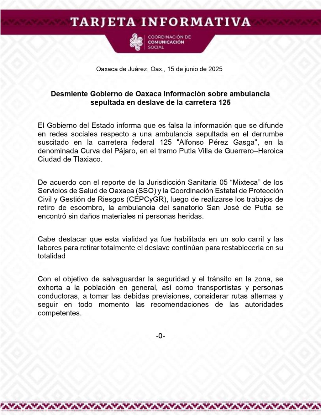 TI 15 JUN Desmiente Gobierno de Oaxaca información sobre ambulancia sepultada en deslave de la carretera 125_page-0001