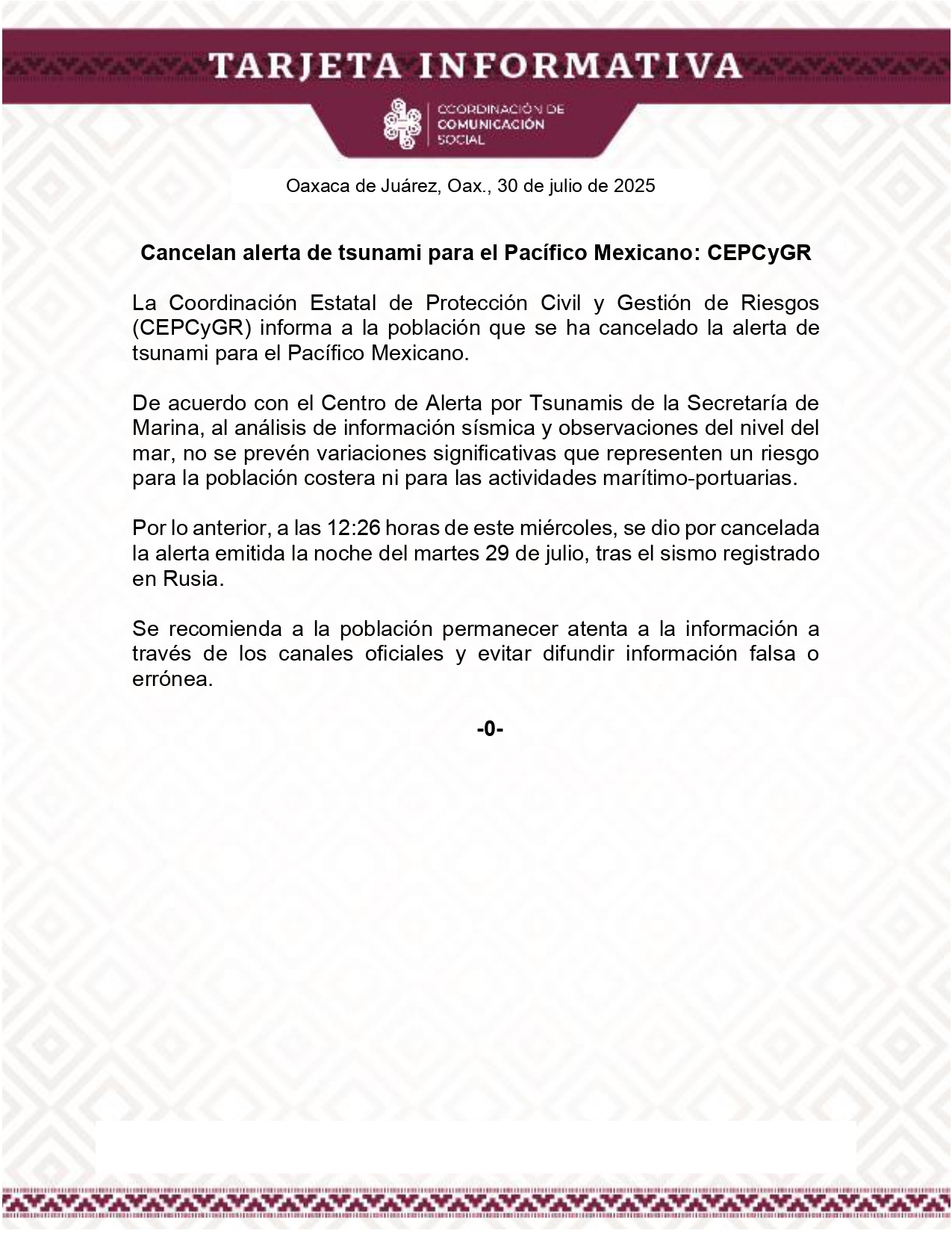 TI 30 JUL-Cancelan alerta de tsunami para el Pacífico Mexicano; CEPCyGR_page-0001