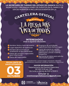 Convoca Sectur Oaxaca a incluir eventos en la cartelera oficial del Día de Muertos La Fiesta Más Viva de Todas