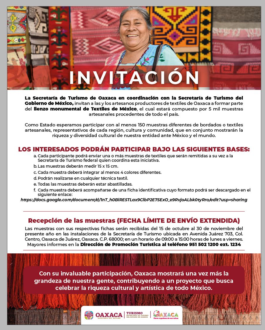 Invita Sectur Oaxaca a participar en el Lienzo Monumental de Textiles de México
