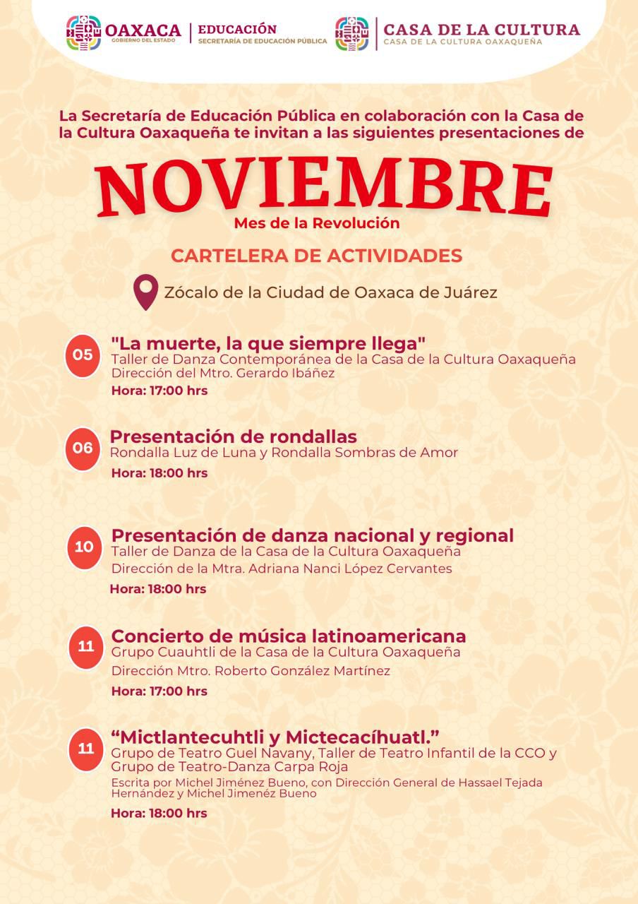 Del 5 al 14 de noviembre, ofrece la CCO actividades culturales en el Zócalo de la ciudad de Oaxaca (1)