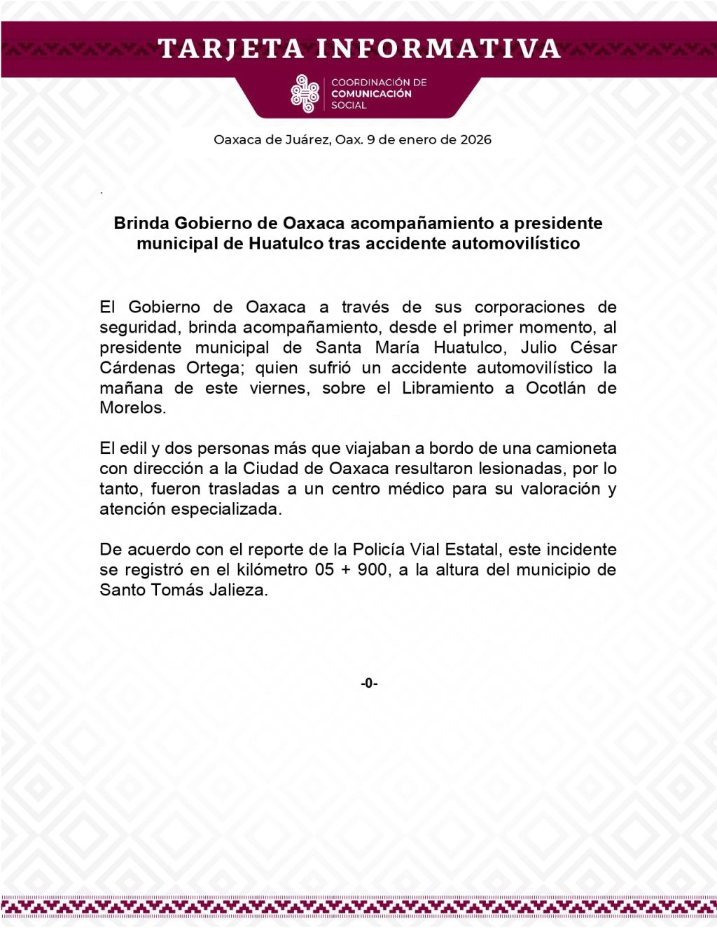 TI 9 ENE Brinda Gobierno de Oaxaca acompañamiento a presidente municipal de Huatulco tras accidente automovilístico_page-0001
